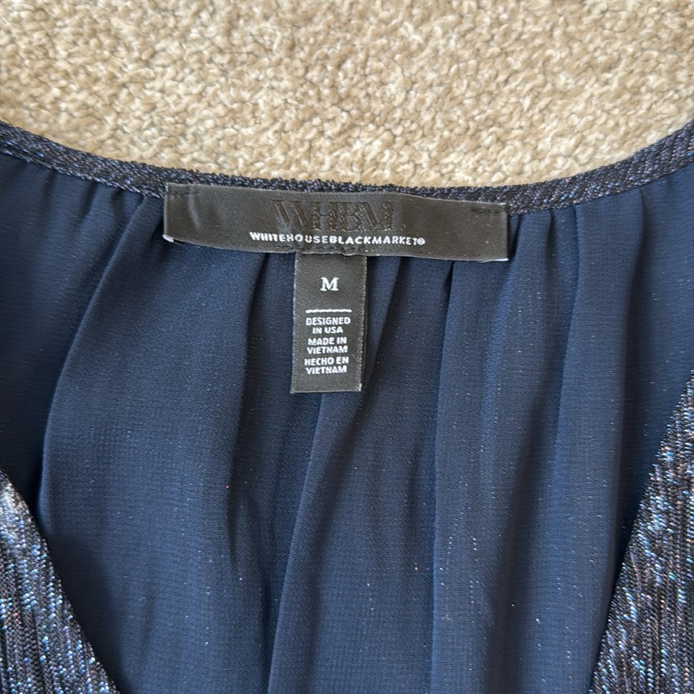 White House Black Market Shimmering Metallic Sparkle Peplum Navy Blouse Women M - Picture 2 of 10
